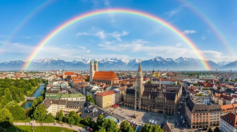 Regenbogen über der Alpenkulisse mit Blick auf München